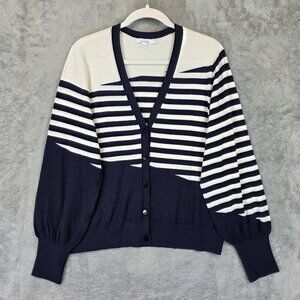 Chicos Cardigan Sweater Womens Large Navy Cream Stripe Button Front Rayon